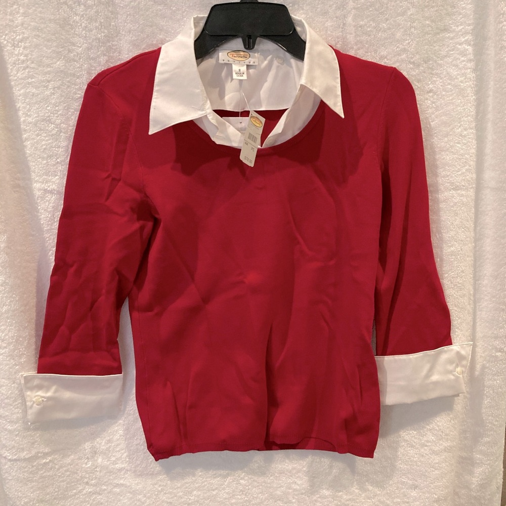 NWT Red scoop neck sweater with faux white shirt
